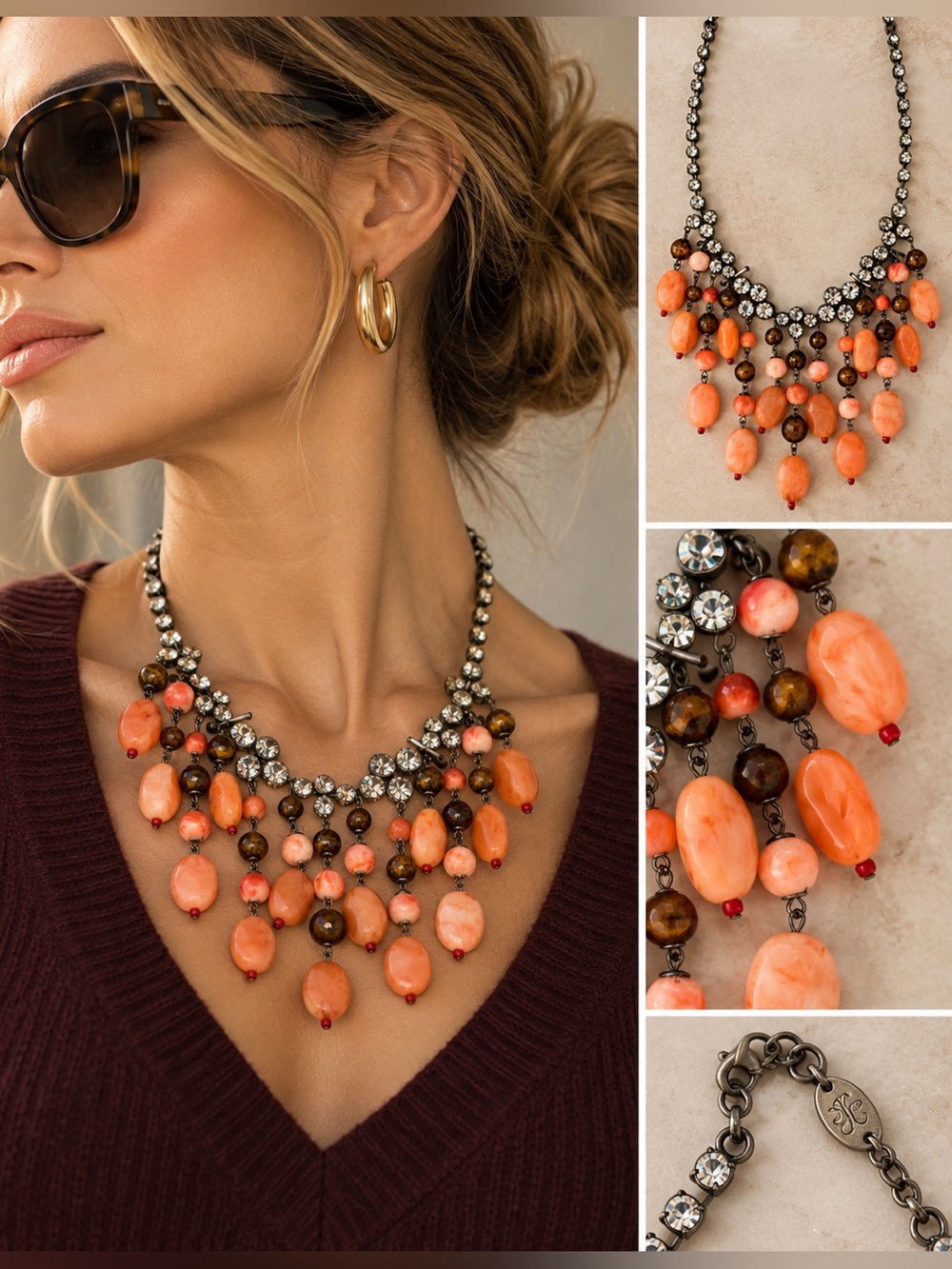 NWT Zara Statement Peach Coral Beaded Drop Necklace